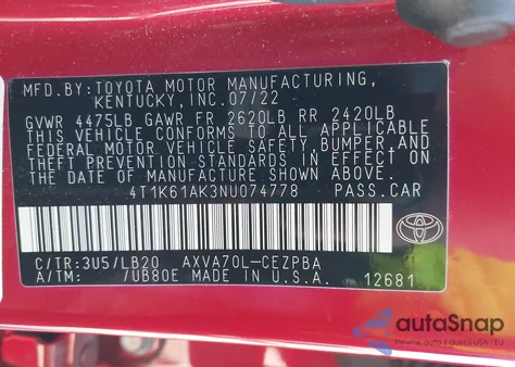 2022 Toyota Camry Xse из США, поврежденный, VIN 4T1K61AK3NU074778